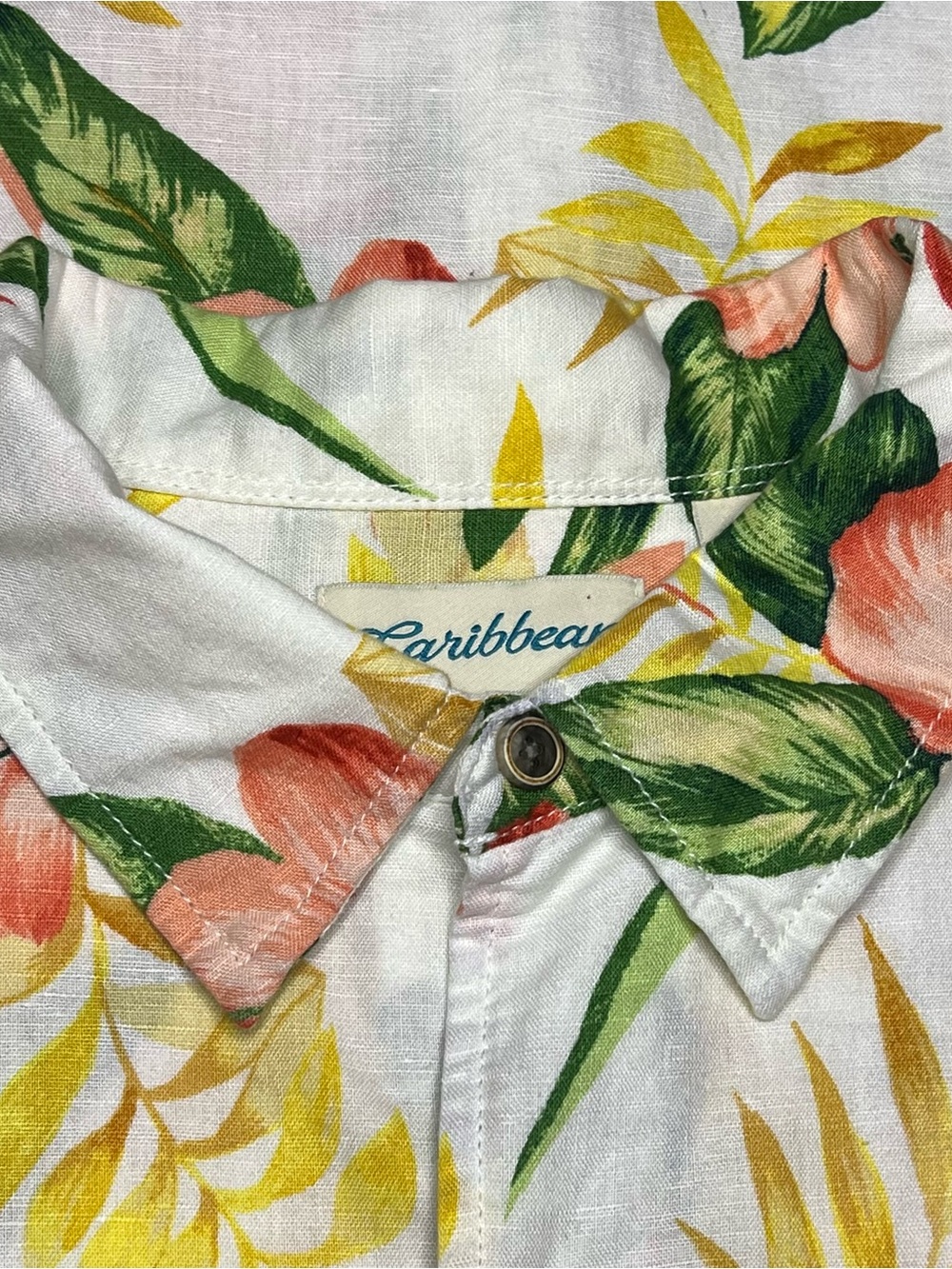 Caribbean Floral Tropical Shirt Men 2XT White Yellow Short Sleeve Linen Cotton